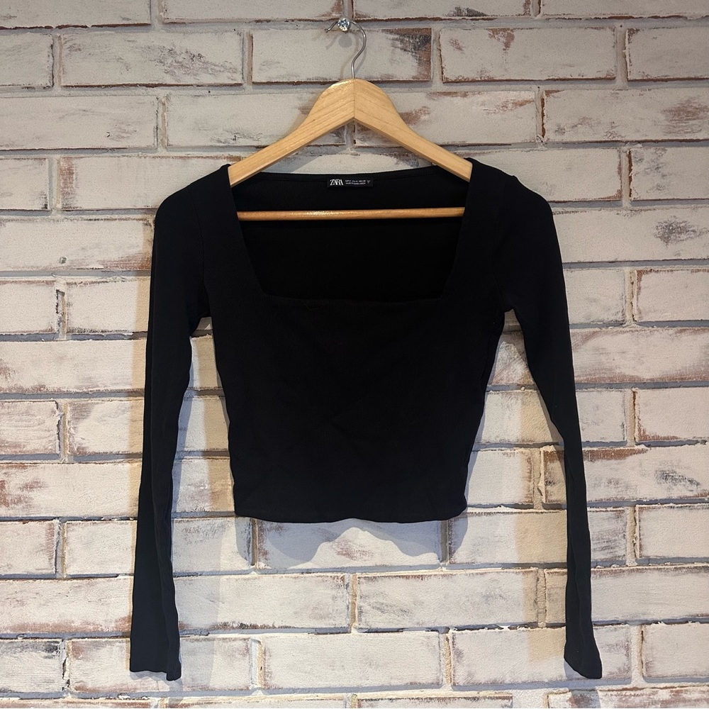 ZARA Square Neck Black Long-Sleeve T-shirt
